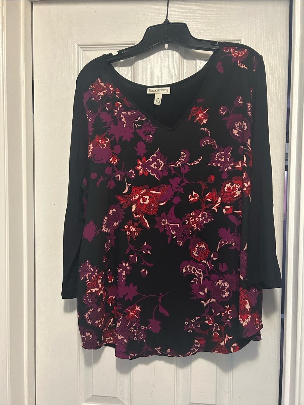 Dana Buchman Black V-Neck Tunic with Purple and Red Floral Print